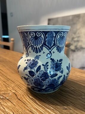 Vintage Delft Blue And White Flower Motif Vase